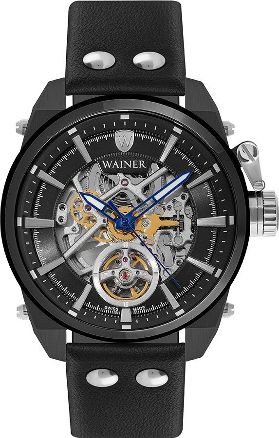 Wainer Automatic Black Leather Strap Men's Wristwatch Waterproof 