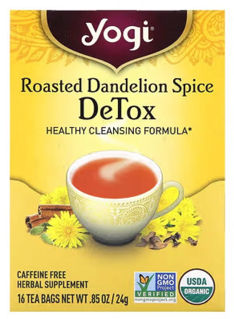 شاي يوغي شاي يوجي، ديتوكس، بهارات الهندباء المحمصة، خالي من الكافيين، 16 كيس شاي، 0.85 أونصة (24 جم)