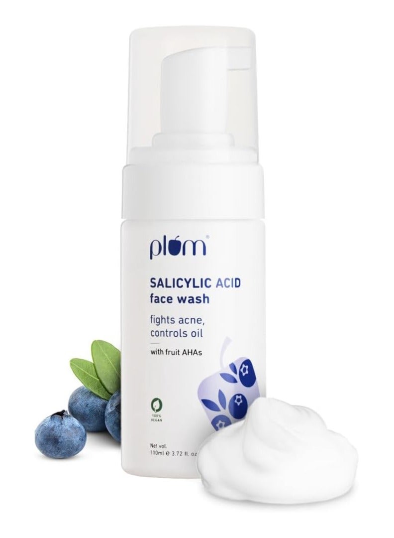 Plum 1% Encapsulated Salicylic Acid Foaming Face Wash with Glycolic Acid for Unisex, Fruit AHA's & Blueberry Extracts, Fights Acne, Blackheads & Breakouts, Sulphate-Free, 100% Vegan (Clear)(110ml) - Image 1