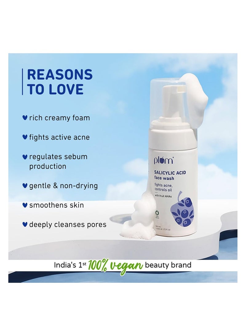 Plum 1% Encapsulated Salicylic Acid Foaming Face Wash with Glycolic Acid for Unisex, Fruit AHA's & Blueberry Extracts, Fights Acne, Blackheads & Breakouts, Sulphate-Free, 100% Vegan (Clear)(110ml) - Image 2