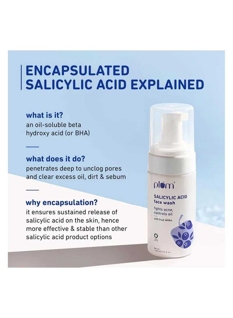 Plum 1% Salicylic Acid Foaming Face Wash 110ml Plum 1% Encapsulated Salicylic Acid Foaming Face Wash with Glycolic Acid for Unisex, Fruit AHA's & Blueberry Extracts, Fights Acne, Blackheads & Breakouts, Sulphate-Free, 100% Vegan (Clear)(110ml) for Women | Best Price UAE