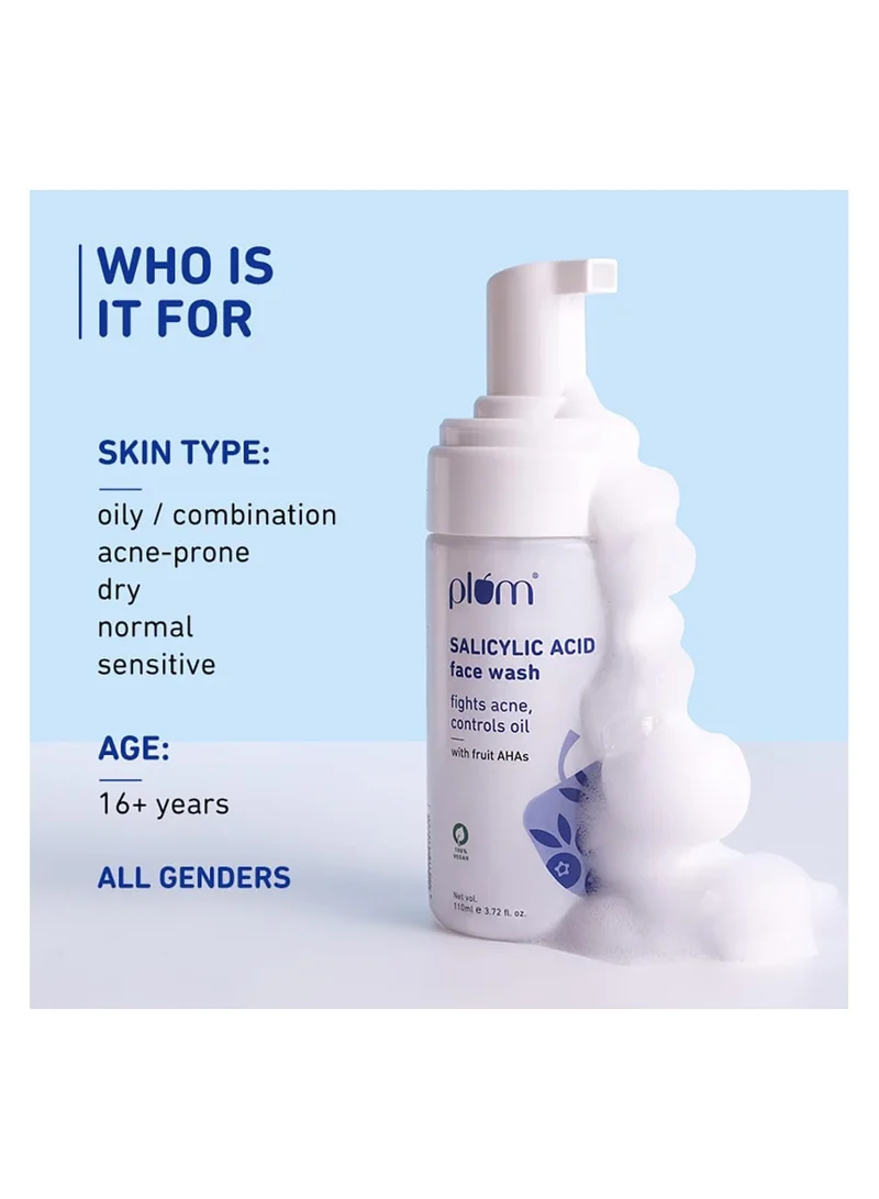 Plum 1% Salicylic Acid Foaming Face Wash 110ml Plum 1% Encapsulated Salicylic Acid Foaming Face Wash with Glycolic Acid for Unisex, Fruit AHA's & Blueberry Extracts, Fights Acne, Blackheads & Breakouts, Sulphate-Free, 100% Vegan (Clear)(110ml) for Women | Best Price UAE