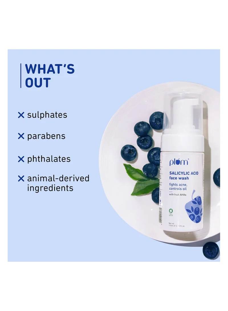 Plum 1% Salicylic Acid Foaming Face Wash 110ml Plum 1% Encapsulated Salicylic Acid Foaming Face Wash with Glycolic Acid for Unisex, Fruit AHA's & Blueberry Extracts, Fights Acne, Blackheads & Breakouts, Sulphate-Free, 100% Vegan (Clear)(110ml) for Women | Best Price UAE