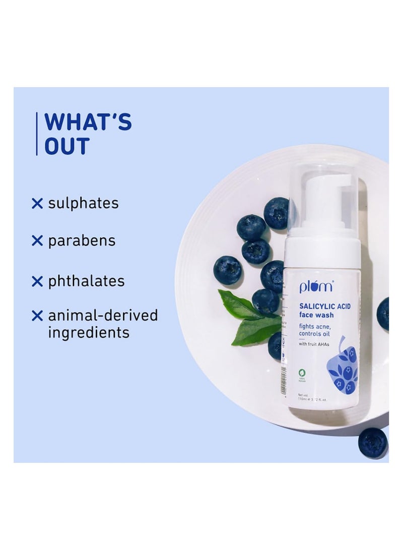 Plum 1% Encapsulated Salicylic Acid Foaming Face Wash with Glycolic Acid for Unisex, Fruit AHA's & Blueberry Extracts, Fights Acne, Blackheads & Breakouts, Sulphate-Free, 100% Vegan (Clear)(110ml) - Image 5