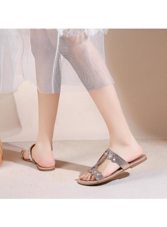 NIBEMINENT Women Rhinestone Design Bohemia String Bead Soft Flats Shoes Comfortable Summer Beach Shoes Designer Sandal  - Image 3