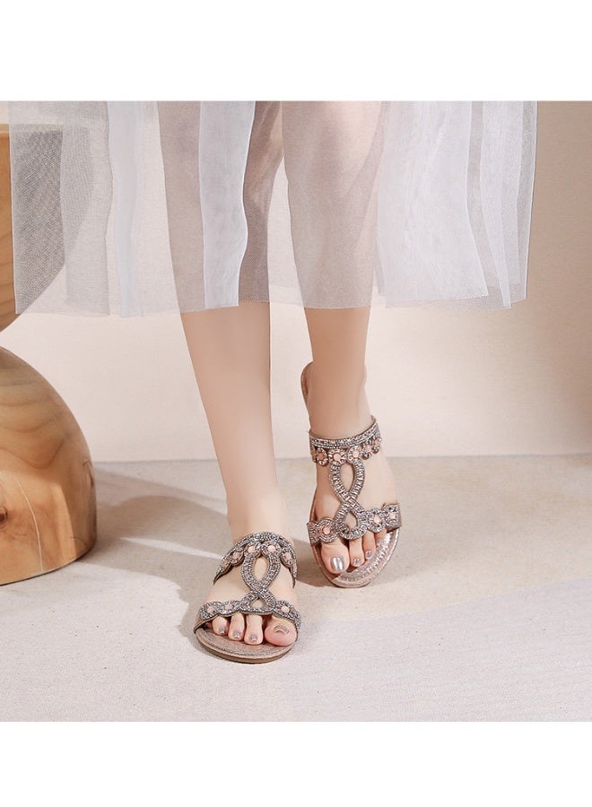 NIBEMINENT Women Rhinestone Design Bohemia String Bead Soft Flats Shoes Comfortable Summer Beach Shoes Designer Sandal  - Image 4