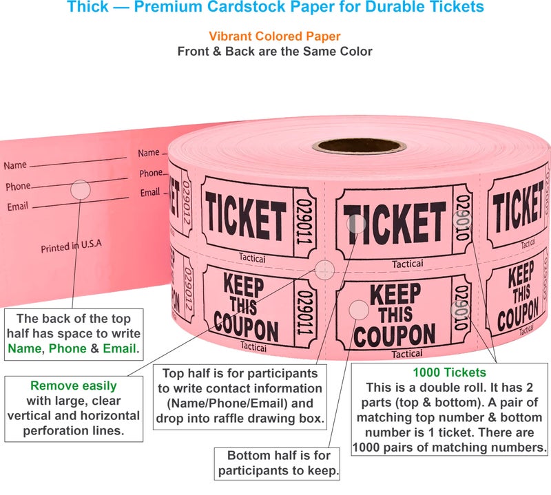 Tacticai 1000 Tacticai Raffle Tickets, Pink (1 of 8 Colors), Double Roll, Ticket for Events, Entry, Class Reward, Fundraiser & Prizes - Image 2