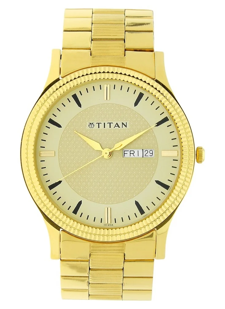 تيتان Titan Quartz Analog with Day and Date Golden Dial Stainless Steel Strap Watch for Men