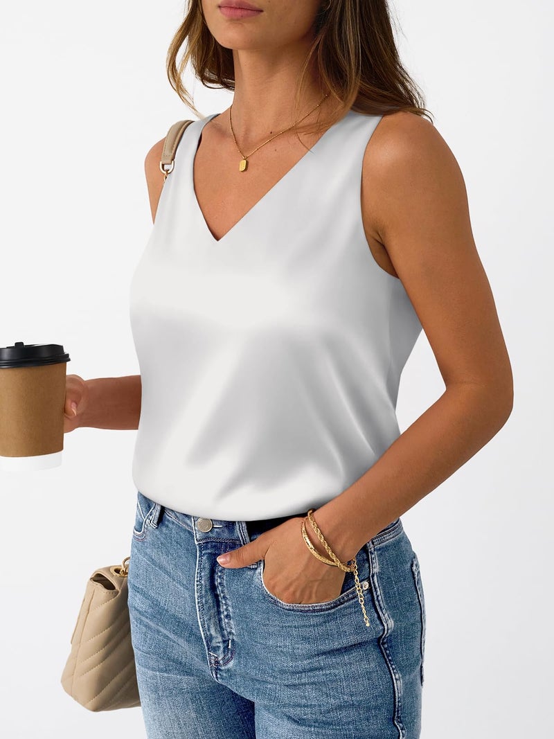LILLUSORY Women Silk Satin Tank Top V Neck Summer Blouse Sleeveless Shirt Business Casual Dressy Outfit Vacation Clothes 2026 White XXL - Image 3