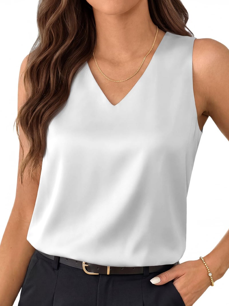 LILLUSORY Women Silk Satin Tank Top V Neck Summer Blouse Sleeveless Shirt Business Casual Dressy Outfit Vacation Clothes 2026 White XXL - Image 1