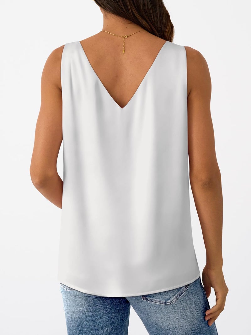 LILLUSORY Women Silk Satin Tank Top V Neck Summer Blouse Sleeveless Shirt Business Casual Dressy Outfit Vacation Clothes 2026 White XXL - Image 4