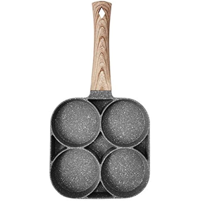 SHOWAY Ecvv 4 Hole Omelet Pan For Burger Eggs Ham Pancake Maker Wooden Handle Frying Pot NonStick Cooking Breakfast Black - Image 1