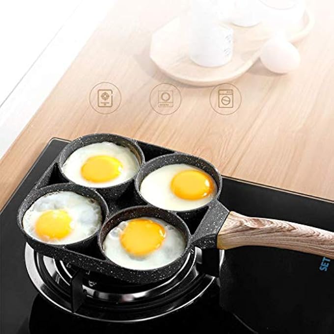 SHOWAY Ecvv 4 Hole Omelet Pan For Burger Eggs Ham Pancake Maker Wooden Handle Frying Pot NonStick Cooking Breakfast Black - Image 5