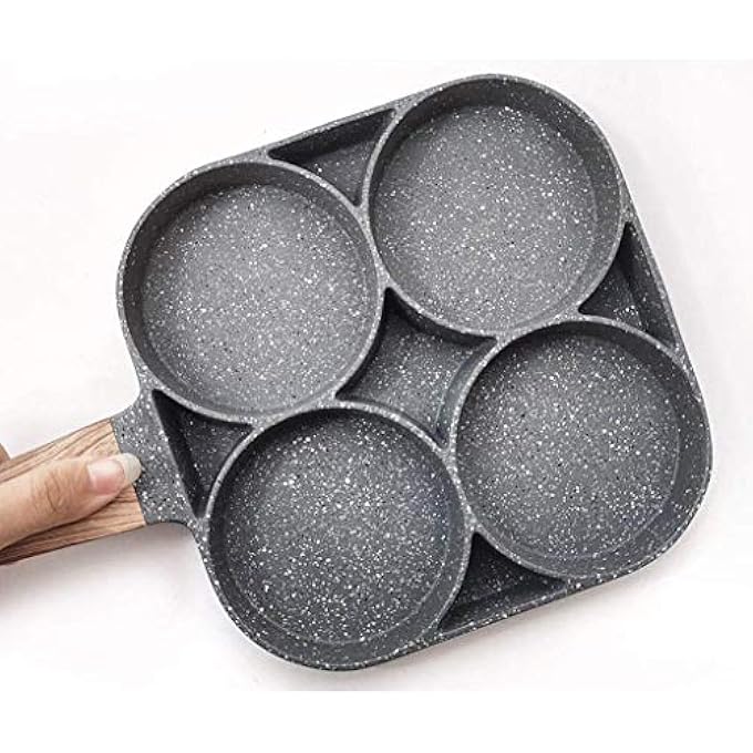SHOWAY Ecvv 4 Hole Omelet Pan For Burger Eggs Ham Pancake Maker Wooden Handle Frying Pot NonStick Cooking Breakfast Black - Image 3