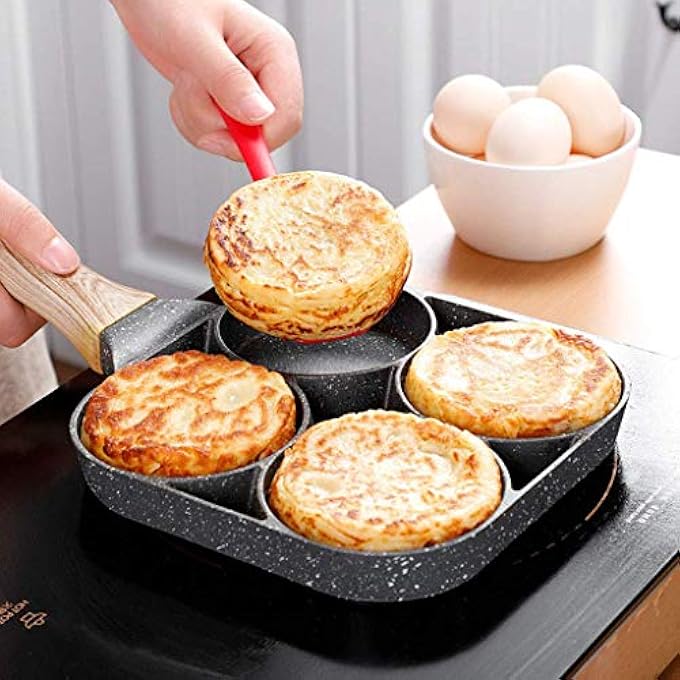 SHOWAY Ecvv 4 Hole Omelet Pan For Burger Eggs Ham Pancake Maker Wooden Handle Frying Pot NonStick Cooking Breakfast Black - Image 4