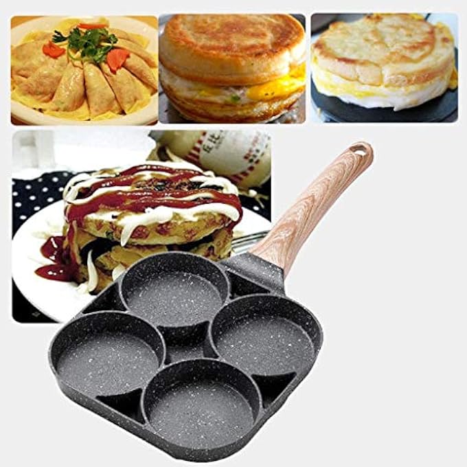 SHOWAY Ecvv 4 Hole Omelet Pan For Burger Eggs Ham Pancake Maker Wooden Handle Frying Pot NonStick Cooking Breakfast Black - Image 2