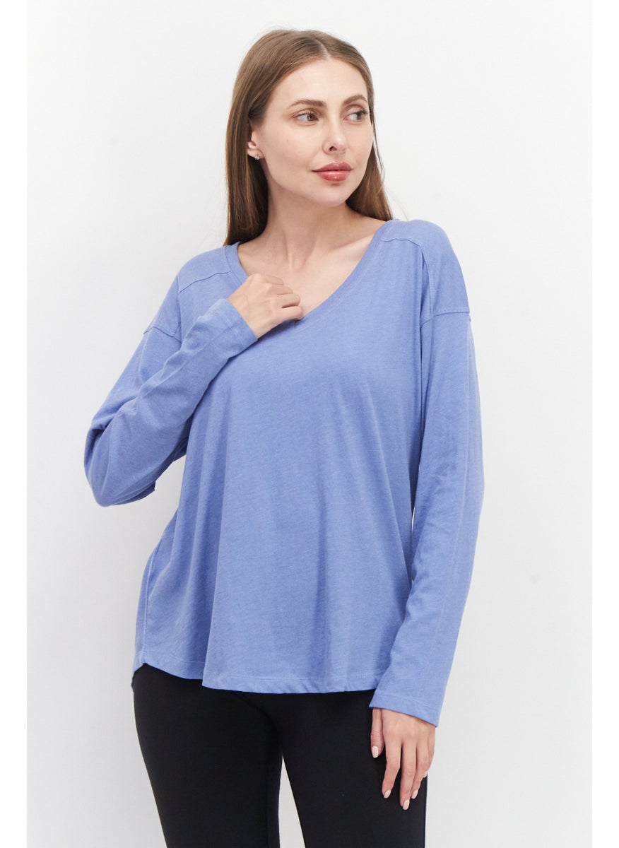 Eddie Bauer Women V Neck Long Sleeve Solid T-Shirt, Light Blue  - Image 1