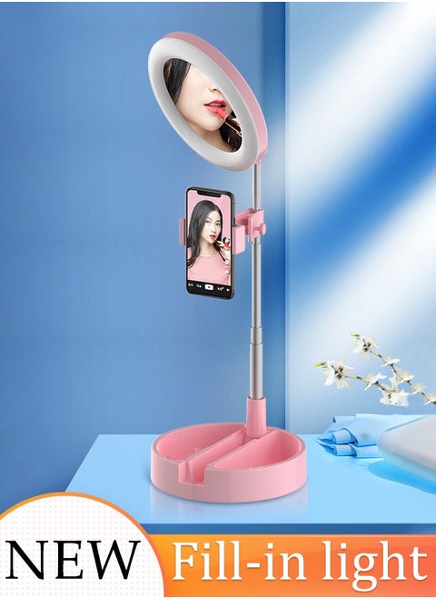 Foldable Desk Ring Light Phone Holder Travel Desktop Extendable Hola Light with Makeup Mirror for Video Conferencing Video Calls Live Streaming Makeup