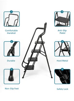 ZYMTA Portable Handrails Step Ladder, Heavy Duty Sturdy Ladders, Foldable with Anti-Slip Wide Pedals, Large Capacity, for Kitchen Household and Office (Black 4 Step)  - Image 3