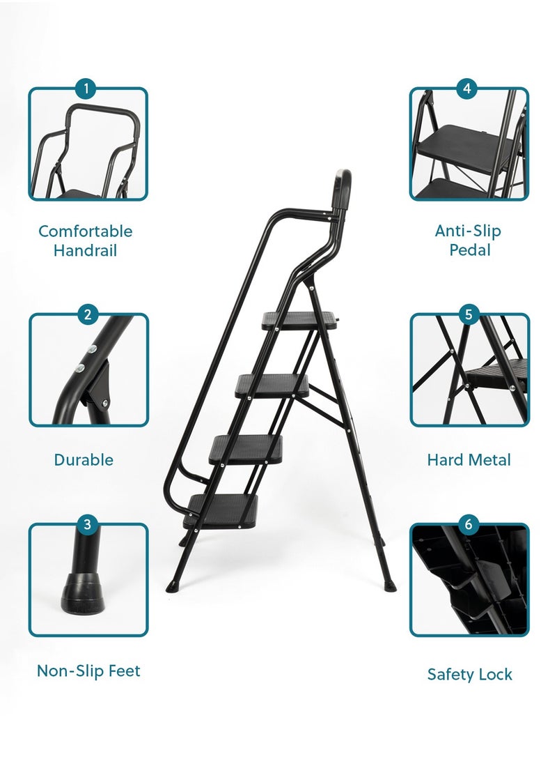 ZYMTA ZYMTA Portable Handrails Step Ladder, Heavy Duty Sturdy Ladders, Foldable with Anti-Slip Wide Pedals, Large Capacity, for Kitchen Household and Office (Black 4 Step)  - Image 3