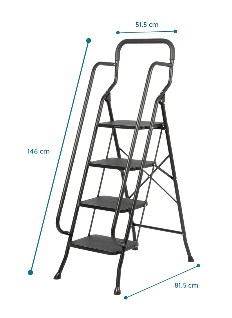 ZYMTA ZYMTA Portable Handrails Step Ladder, Heavy Duty Sturdy Ladders, Foldable with Anti-Slip Wide Pedals, Large Capacity, for Kitchen Household and Office (Black 4 Step)  - Image 2