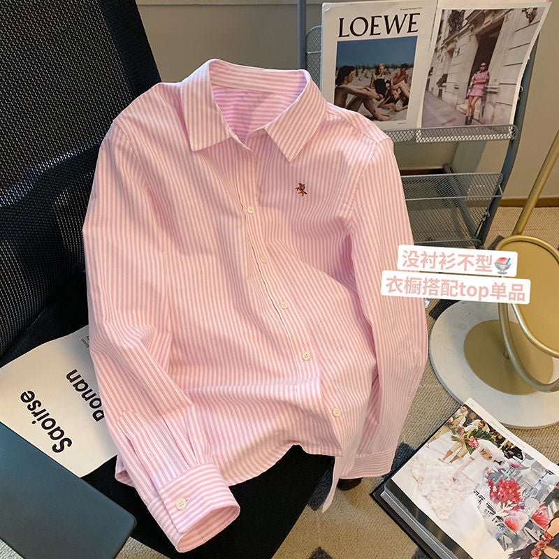 Striped Polo Collar Design Niche Shirt Womens Spring and Autumn New Sweet Western Style Long Sleeve Shirt Top Pink - Image 1