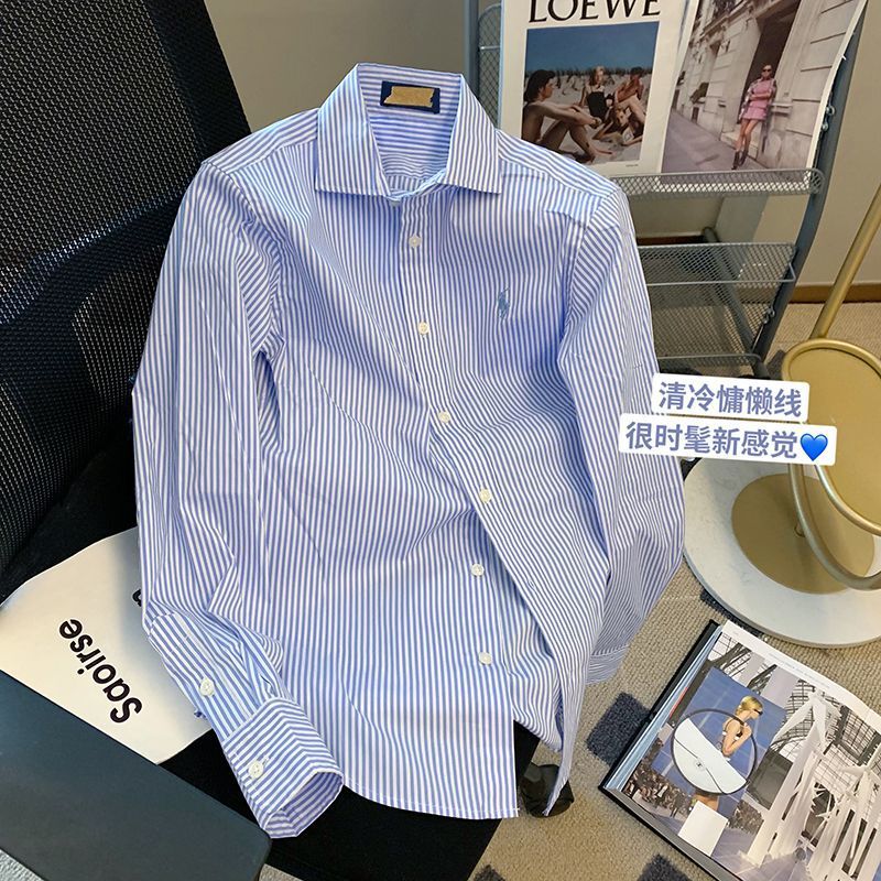 Striped Polo Collar Design Niche Shirt Womens Spring and Autumn New Sweet Western Style Long Sleeve Shirt Top Pink - Image 2