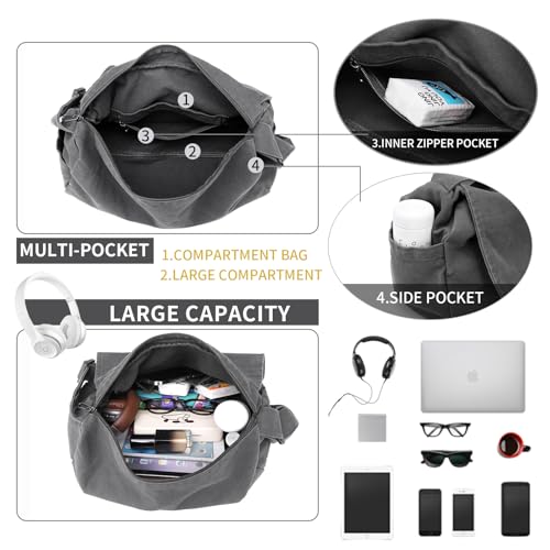 BEFUNIRISE Canvas Messenger Bag for Women Men Vintage Satchel Bag Aesthetic Crossbody Shoulder Bag Casual Sling Bag (A-Black) - Image 4