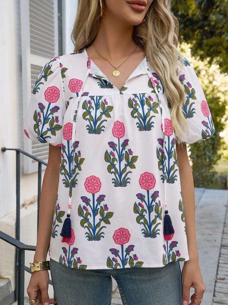 Cicy Bell Womens Boho Floral Blouses Short Puff Sleeve V Neck Babydoll Shirts Flowy Tie Front Tops White - Image 4