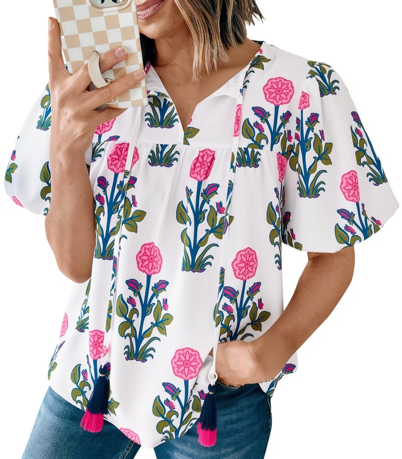 Cicy Bell Womens Boho Floral Blouses Short Puff Sleeve V Neck Babydoll Shirts Flowy Tie Front Tops White - Image 1