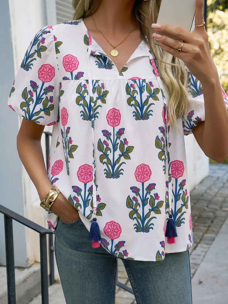 Cicy Bell Womens Boho Floral Blouses Short Puff Sleeve V Neck Babydoll Shirts Flowy Tie Front Tops White - Image 2