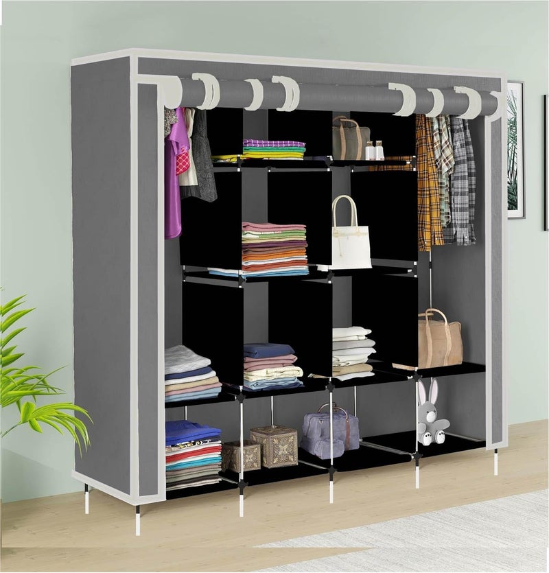 GTC 12-Shelf Collapsible Wardrobe – Portable Foldable Grey Almirah with Plastic Frame, Fancy Layer Rack for Clothes Organizer (Model 88370) - Image 1