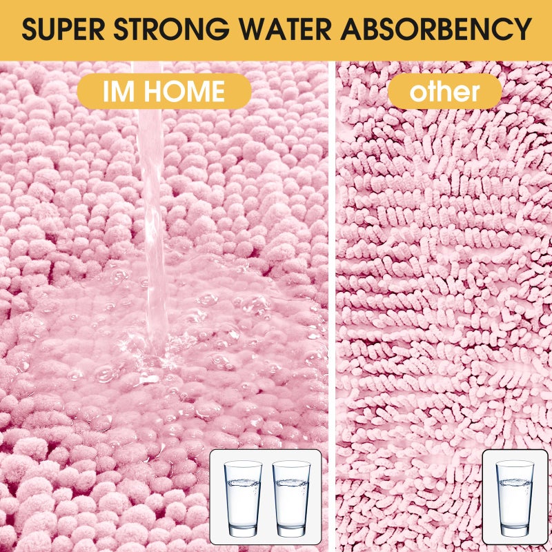 ACCUMTEK Upgrade Extra Large Pink Bathroom Rug Set 3 Pieces Ultra Soft, Thick Absorbent Bath Mats, Non Slip Chenille Toilet Mat for Bathroom, Bedroom, Kitchen - Image 3
