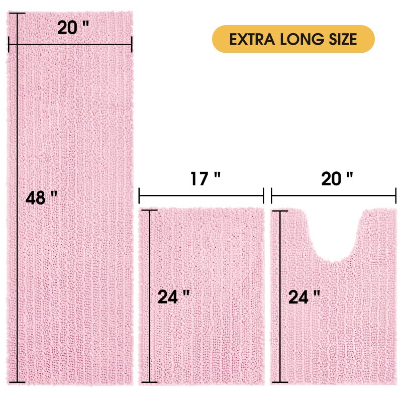 ACCUMTEK Upgrade Extra Large Pink Bathroom Rug Set 3 Pieces Ultra Soft, Thick Absorbent Bath Mats, Non Slip Chenille Toilet Mat for Bathroom, Bedroom, Kitchen - Image 5