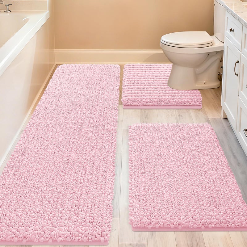 ACCUMTEK Upgrade Extra Large Pink Bathroom Rug Set 3 Pieces Ultra Soft, Thick Absorbent Bath Mats, Non Slip Chenille Toilet Mat for Bathroom, Bedroom, Kitchen - Image 1