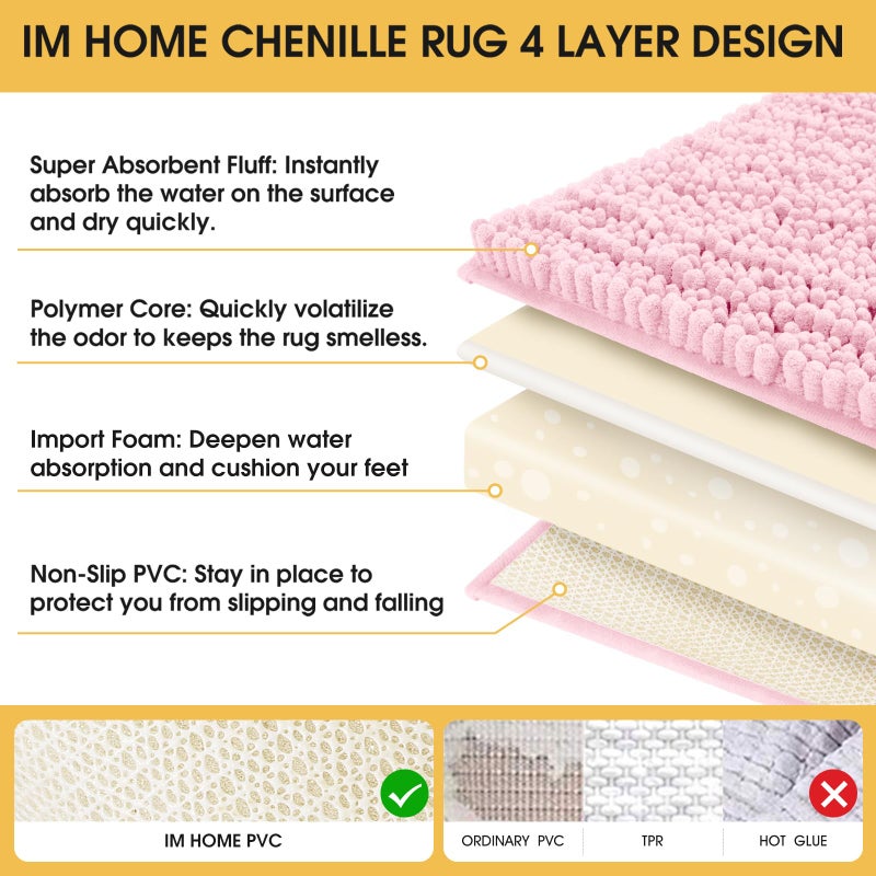 ACCUMTEK Upgrade Extra Large Pink Bathroom Rug Set 3 Pieces Ultra Soft, Thick Absorbent Bath Mats, Non Slip Chenille Toilet Mat for Bathroom, Bedroom, Kitchen - Image 4
