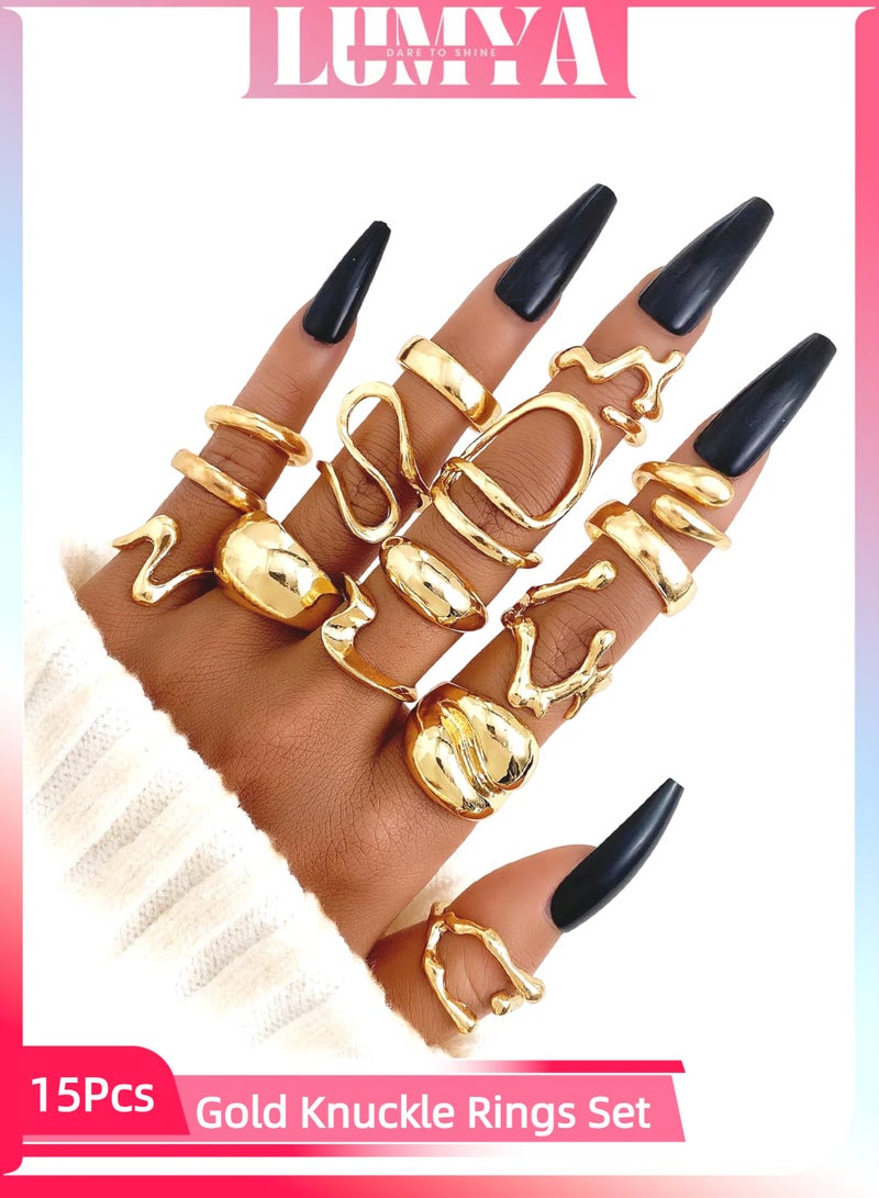 لوميا مجموعة خواتم ذهبية سميكة مكونة من 15 قطعة، خواتم قبة مفتوحة قابلة للتعديل للنساء، مجوهرات سميكة بسيطة قابلة للتكديس للارتداء اليومي والهدايا - Image 1