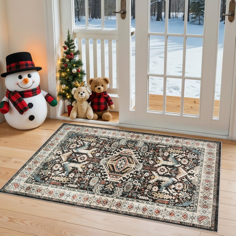 RUUGME Entryway Washable Area Rug 2x3 - Small Doormat Vintage Distressed Rugs Oriental Non-Slip Stain Resistant Carpet Soft Thin Non-Shedding Indoor Floor Mat for Bedroom Bathroom Kitchen(Black,2x3) - Image 1