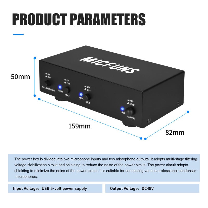 Micfuns MC2 2 Channel 48V Phantom Power Supply with 3.5mm Audio Cable to Connect Audio Interface for Condenser Microphone Music Recording Equipment (2 Channel) - Image 2