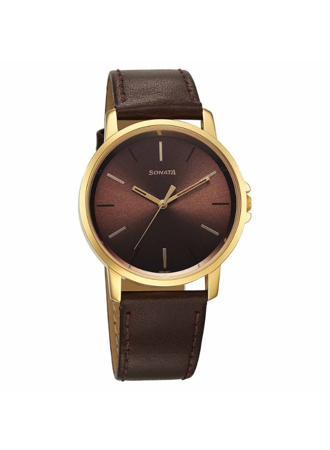 Sonata Traditional Essentials 77083YL05 Men’s Watch – Brown Dial, Brown Leather Strap, Quartz Movement - Image 1