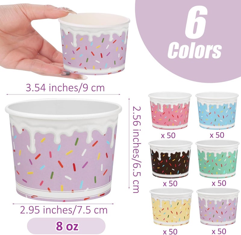 Aodaer 300 Pack Ice Cream Cups 8oz Sprinkles Paper Ice Cream Bowls 6 Color Disposable Snack Bowls Party Supplies Treat Cups for Sundae, Frozen Yogurt, Dessert - Image 2