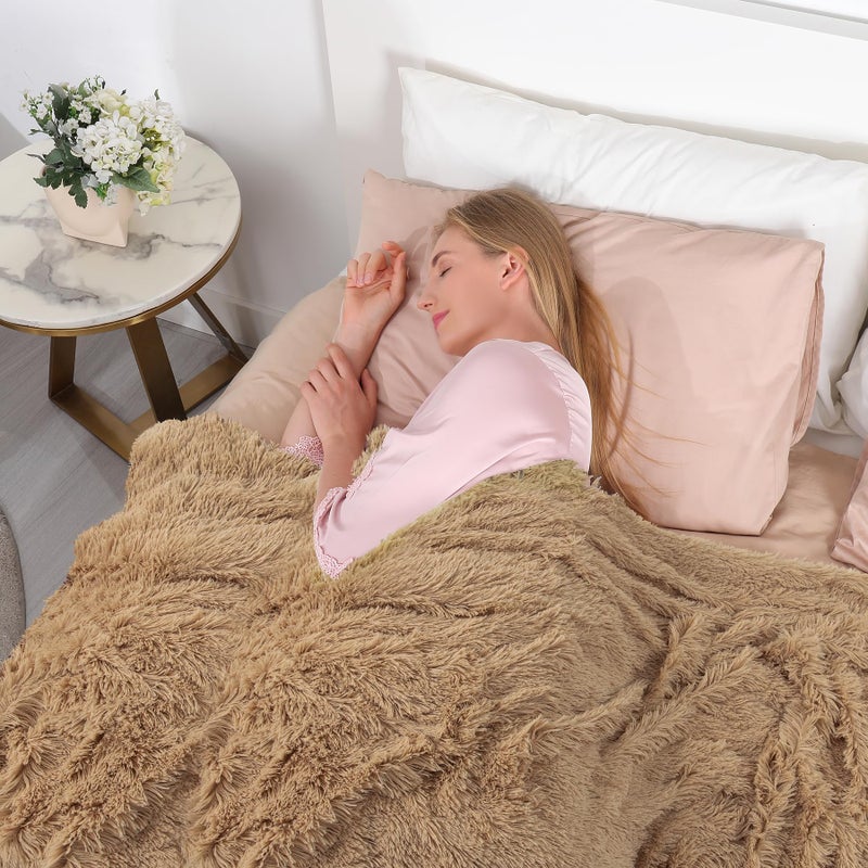 Tuddrom Decorative Extra Soft Faux Fur Blanket Twin Size Solid Reversible Fuzzy Lightweight Long Hair Shaggy Blanket Fluffy Plush Fleece Comfy Microfiber Throw Blanket for Couch Sofa Bed Camel - Image 3