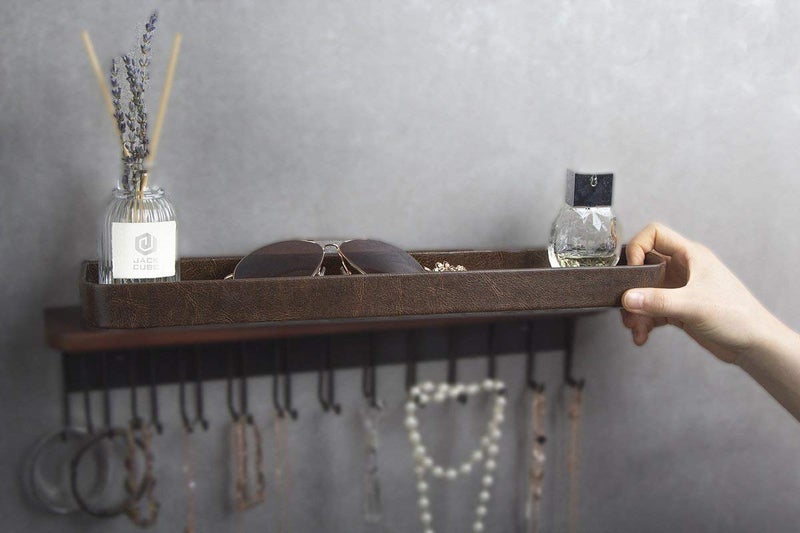 J JACKCUBE DESIGN Necklace Holder Wall Mounted Jewelry Organizer for Bracelet, Earrings and Rings with 25 Hooks - Room Decor Bedroom Boho Shelf Rack (Brown) - MK124A - Image 3