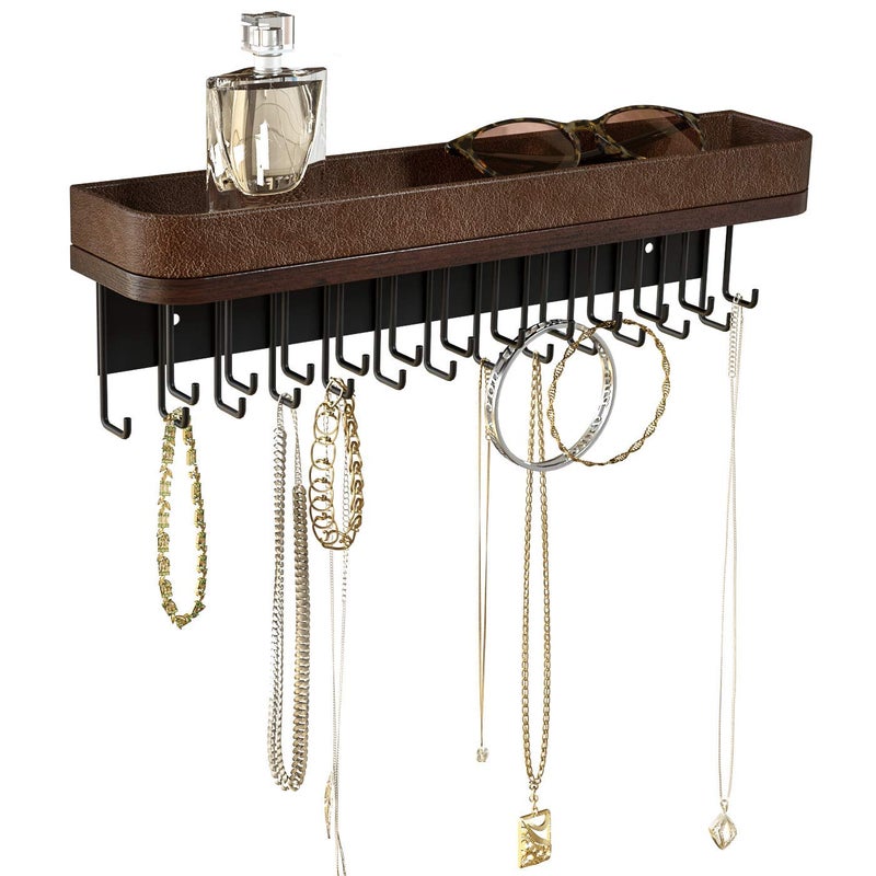 J JACKCUBE DESIGN Necklace Holder Wall Mounted Jewelry Organizer for Bracelet, Earrings and Rings with 25 Hooks - Room Decor Bedroom Boho Shelf Rack (Brown) - MK124A - Image 1