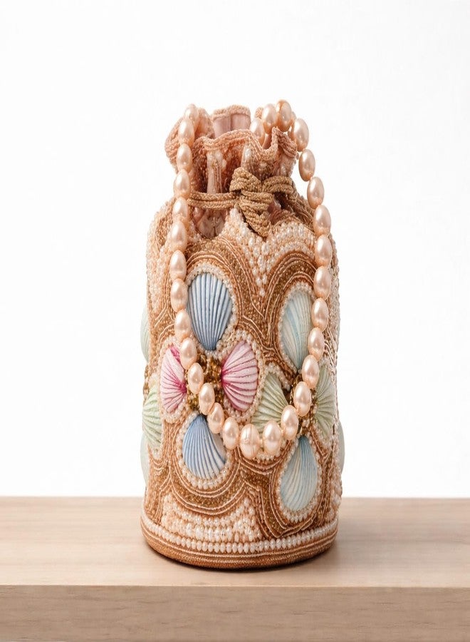 SHOPOBUDDY Designer Heavy Potli Bag with Pearl Handle, Beaded Shell Embellishment, Drawstring Closure - Image 2