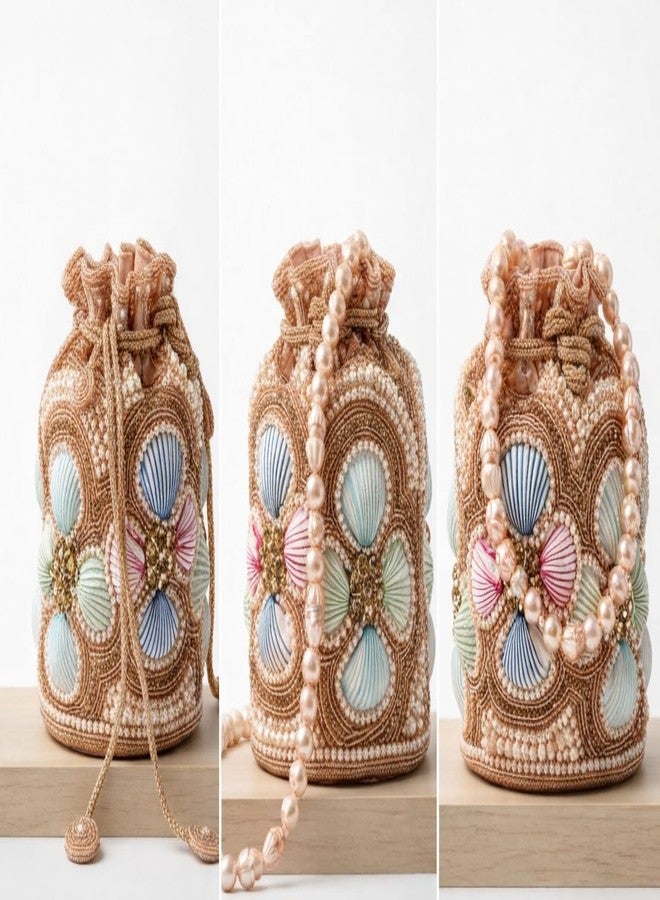 SHOPOBUDDY Designer Heavy Potli Bag with Pearl Handle, Beaded Shell Embellishment, Drawstring Closure - Image 5
