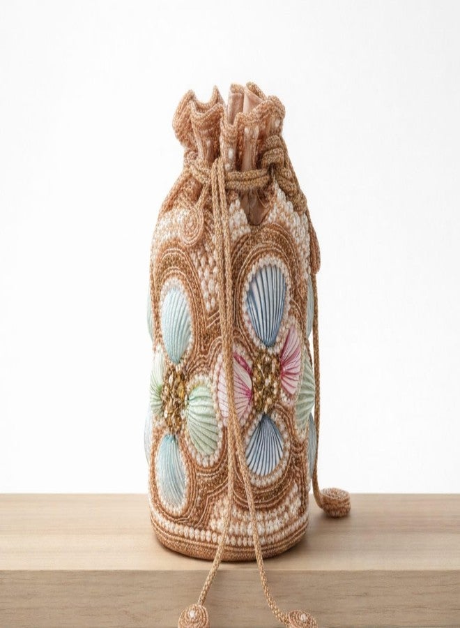 SHOPOBUDDY Designer Heavy Potli Bag with Pearl Handle, Beaded Shell Embellishment, Drawstring Closure - Image 3