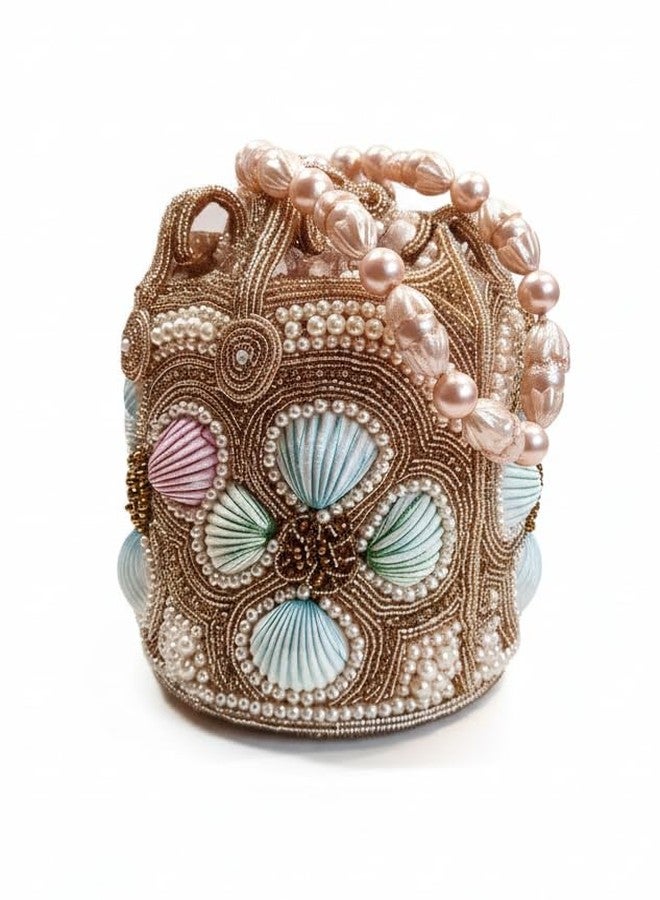 SHOPOBUDDY Designer Heavy Potli Bag with Pearl Handle, Beaded Shell Embellishment, Drawstring Closure - Image 1