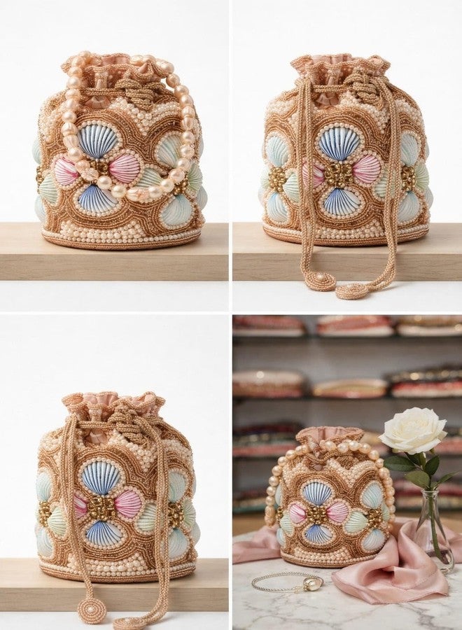 SHOPOBUDDY Designer Heavy Potli Bag with Pearl Handle, Beaded Shell Embellishment, Drawstring Closure - Image 4