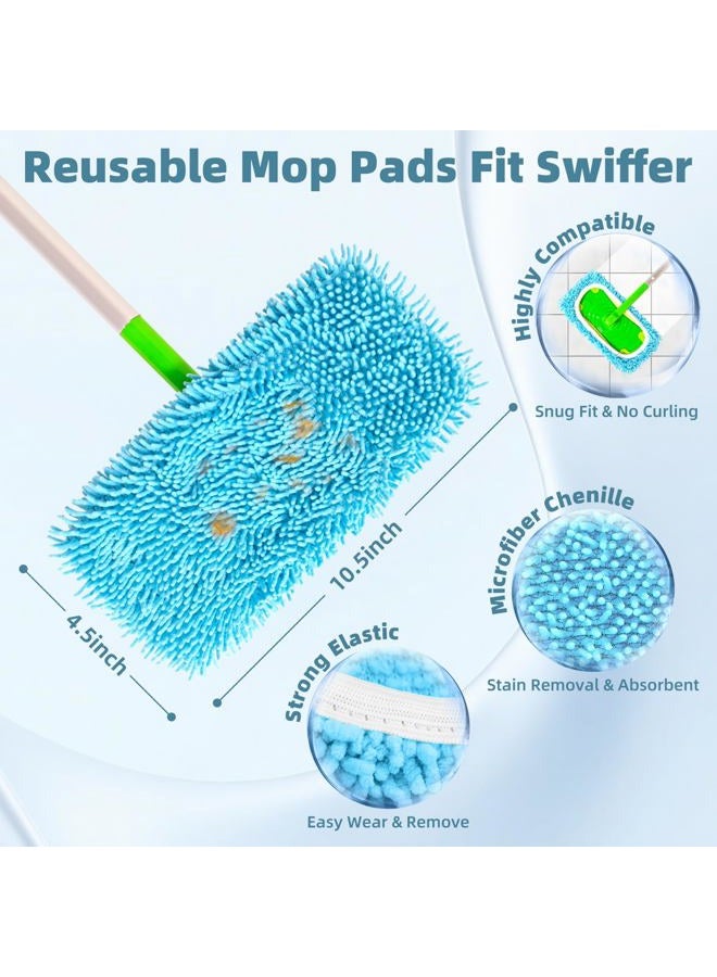 LOVECO Reusable Mop Pads Compatible with Swiffer Sweeper Mop, Washable Wet Pads Refill & Chenille Dry Sweeping Cloths, Microfiber Mop Pads for Use on All Sealed Floors - Wood, Laminate, Stone & Tile (6 Blue) - Image 3